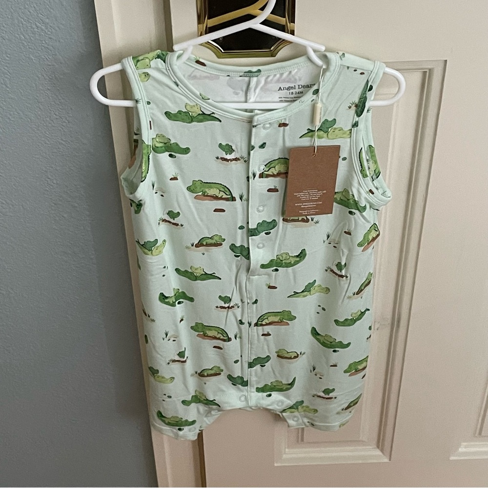 Angel Dear Light Green Frog Print Sleeveless Romper